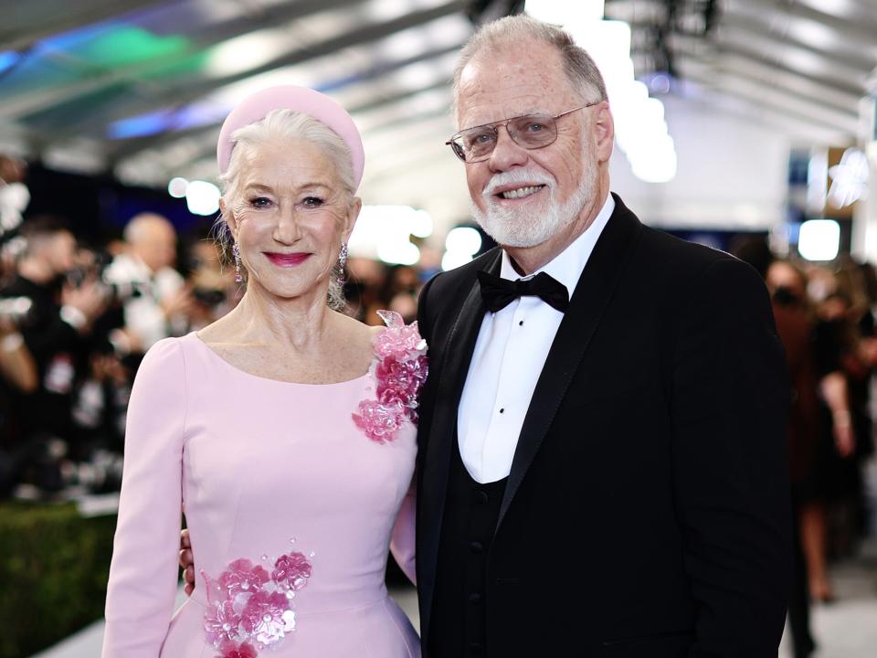 Helen Mirren and Taylor Hackford attend the 28th Screen Actors Guild Awards at Barker Hangar on February 27, 2022 in Santa Monica, California