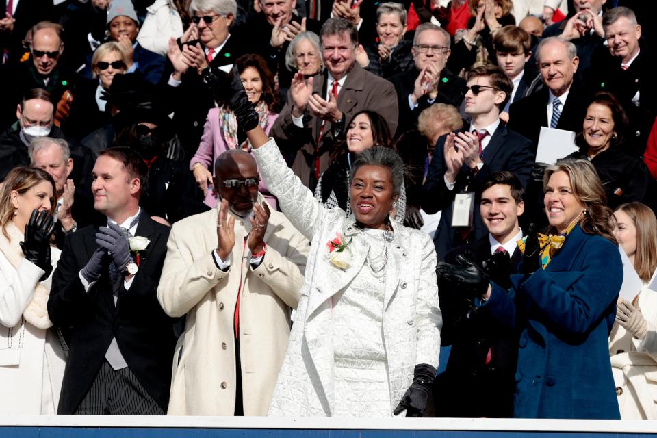 Virginia Lt. Gov. Winsome Sears waves during the inauguration address for Gov. Glenn Youngkin in Richmond on Jan. 15, 2022.