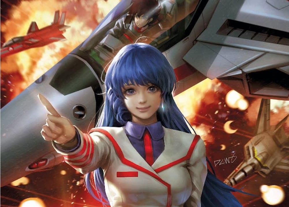  Scene from the upcoming comic series "Robotech: Rick Hunter," showing a blue-haired woman standing in front of fighter jets with explosions in the background. 