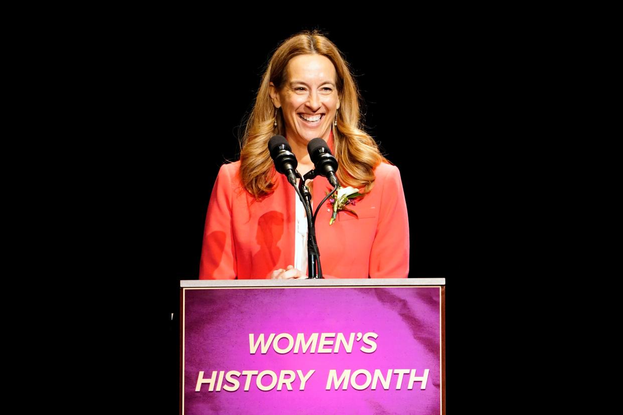 U.S. Rep. Mikie Sherrill (NJ-11) speaks during the twelfth annual Evangelina Menendez women's history month celebration at Montclair State University on Sunday, March 26, 2023.