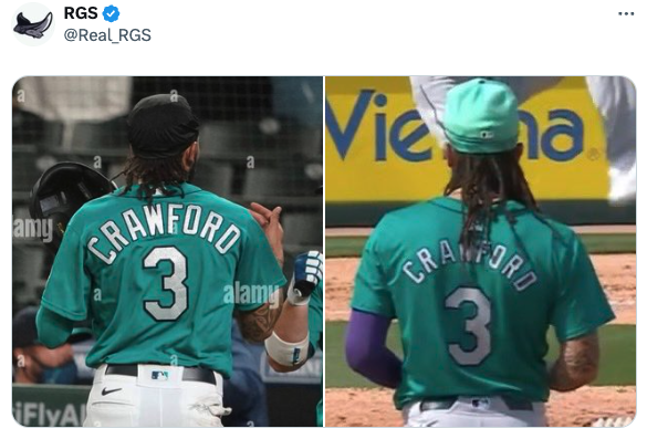 Look at the difference in Mariners SS J.P. Crawford's jersey last year (L) vs. spring training this year. (Twitter/X)