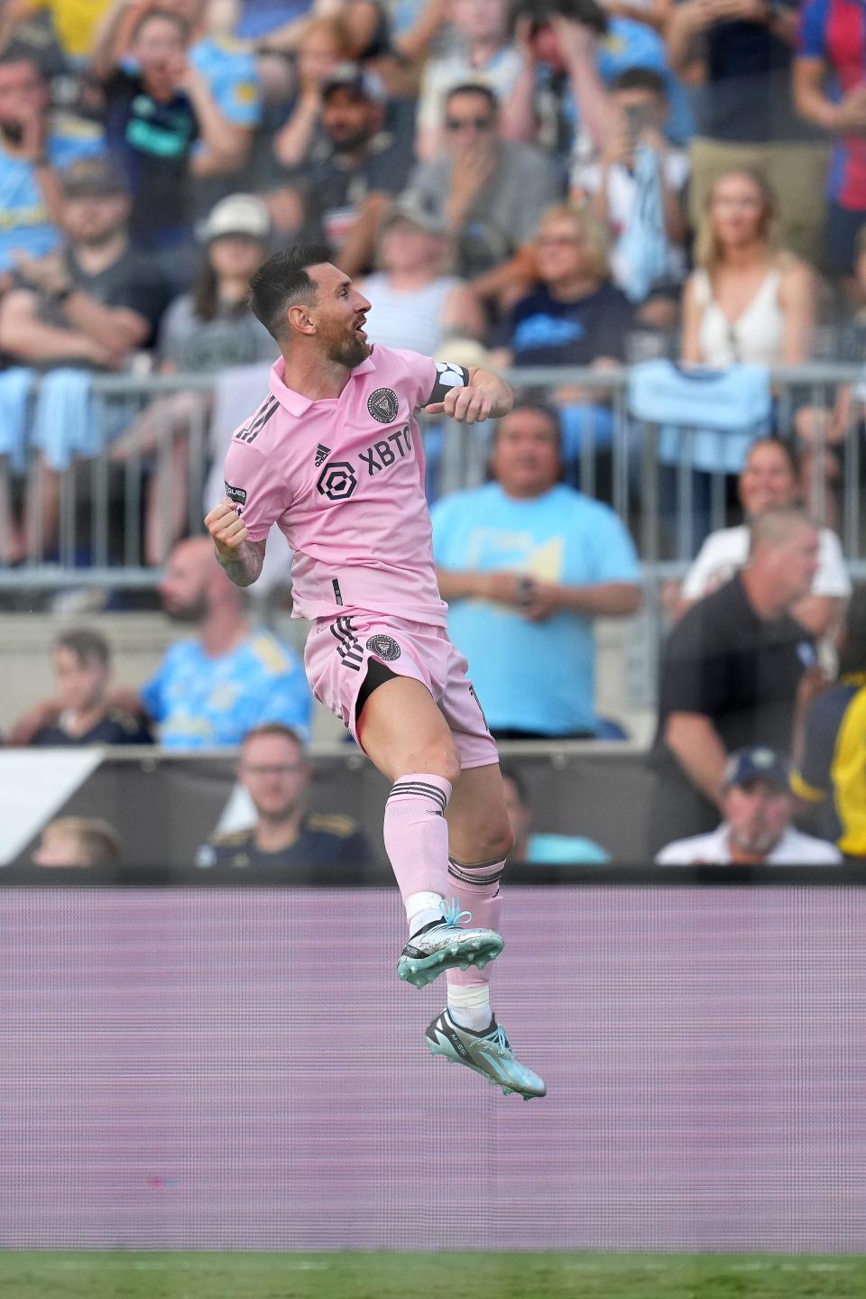 Lionel Messi of Inter Miami CF celebrates after scoring a goal in the first half of the Leagues Cup 2023 semifinals match between Inter Miami CF and Philadelphia Union at Subaru Park on Aug. 15, in Chester, Pennsylvania.