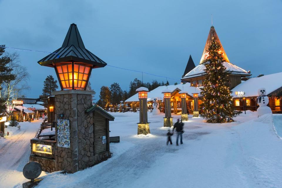 santa claus village at dusk, rovaniemi, finland