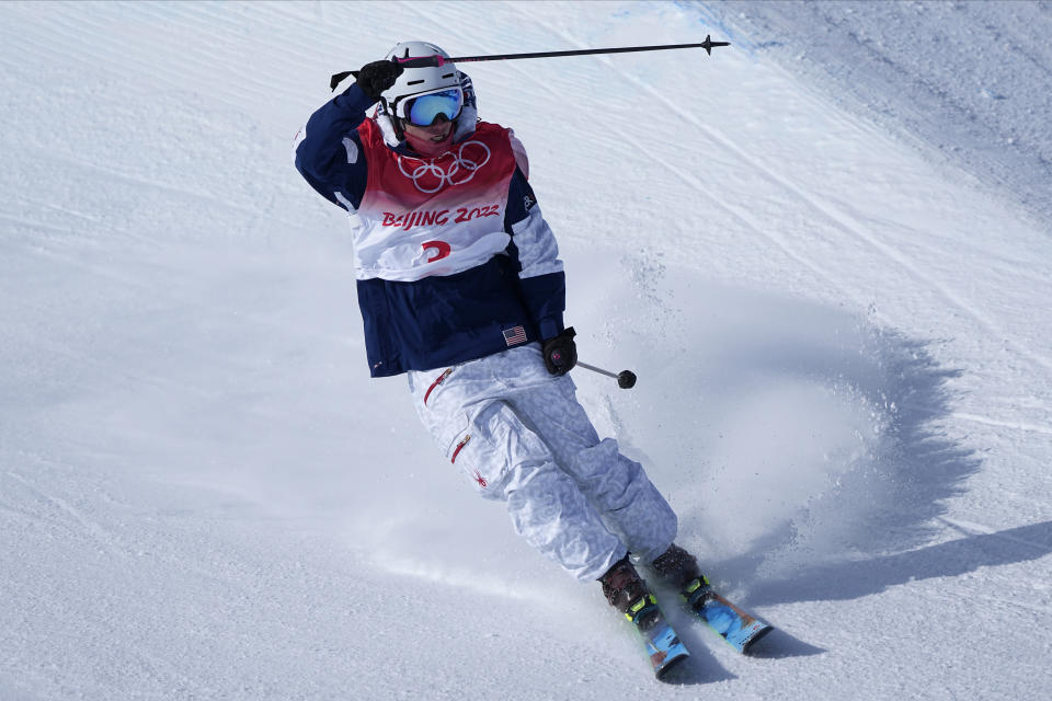 United States's Alex Ferreira reacts during the men's halfpipe finals at the 2022 Winter Olympics, Saturday, Feb. 19, 2022, in Zhangjiakou, China. (AP Photo/Gregory Bull)