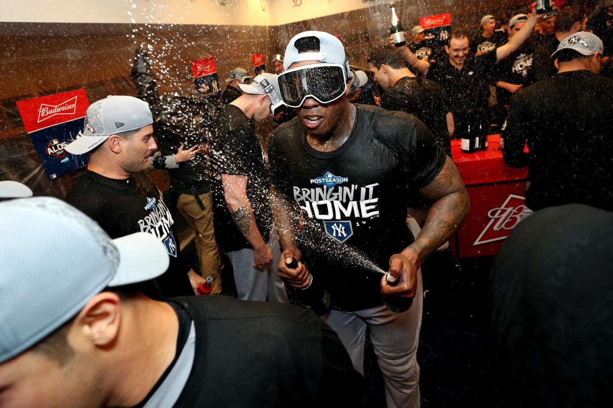 New York Yankees relief pitcher Aroldis Chapman celebrates after his team's  5-1 victory over the Minnesota Twins in Game 3 of a baseball American  League Division Series, Monday, Oct. 7, 2019, in