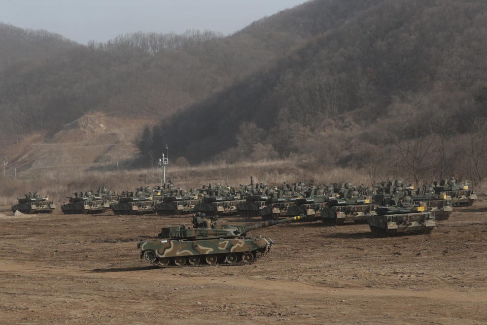 A South Korean army's K1A2 tank moves during a military exercise in Paju, South Korea, near the border with North Korea, Wednesday, March 17, 2021. In North Korea's first comments directed at the Biden administration, Kim Jong Un's powerful sister Kim Yo Jong on Tuesday warned the United States to "refrain from causing a stink" if it wants to "sleep in peace" for the next four years. (AP Photo/Ahn Young-joon)