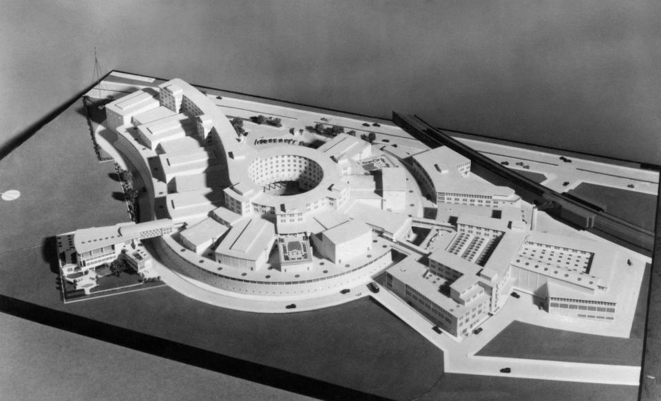 A model of the British Broadcasting Corporation's new �10,000,000 Television Centre in Shepherd's Bush, London. It will be Europe's biggest TV headquarters. The design was inspired by a question mark which the architect, Graham Dawbarn, absently pencilled on the back of an envelope.