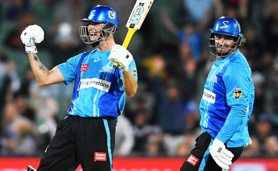 Matt Short, pictured here after bringing up his century and victory for the Adelaide Strikers in the BBL.