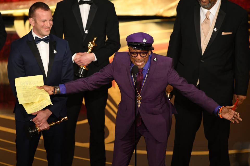 Spike Lee’s acceptance for Best Adapted Screenplay for <em>B</em><span><em>lacKkKlansman </em>was one of the most memorable moments of the show.</span> While onstage, he also <span>joyously leaped into Samuel L. Jackson’s arms. </span>(Photo: Getty Images)