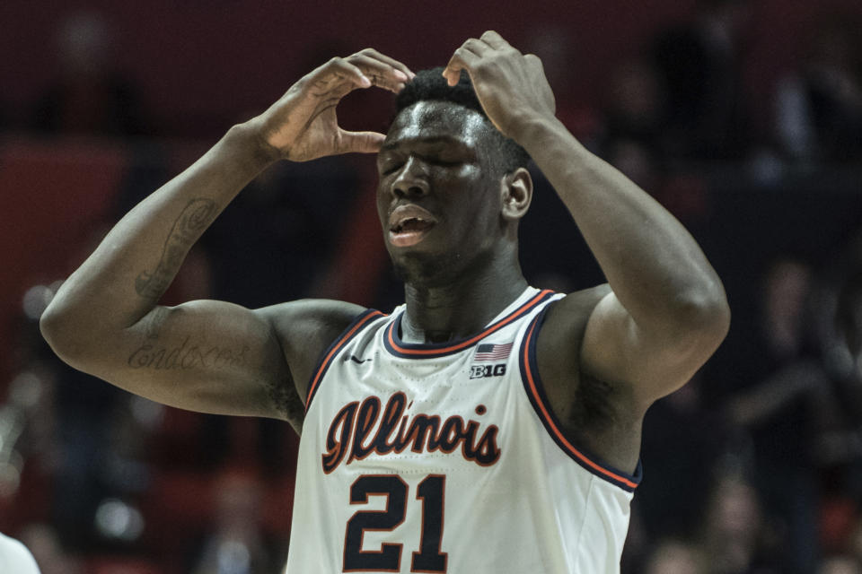 Illinois' Kofi Cockburn (21) reacts to being called for a foul against Purdue in the second half of an NCAA college basketball game, Sunday, Jan. 5, 2020, in Champaign, Ill. (AP Photo/Holly Hart)