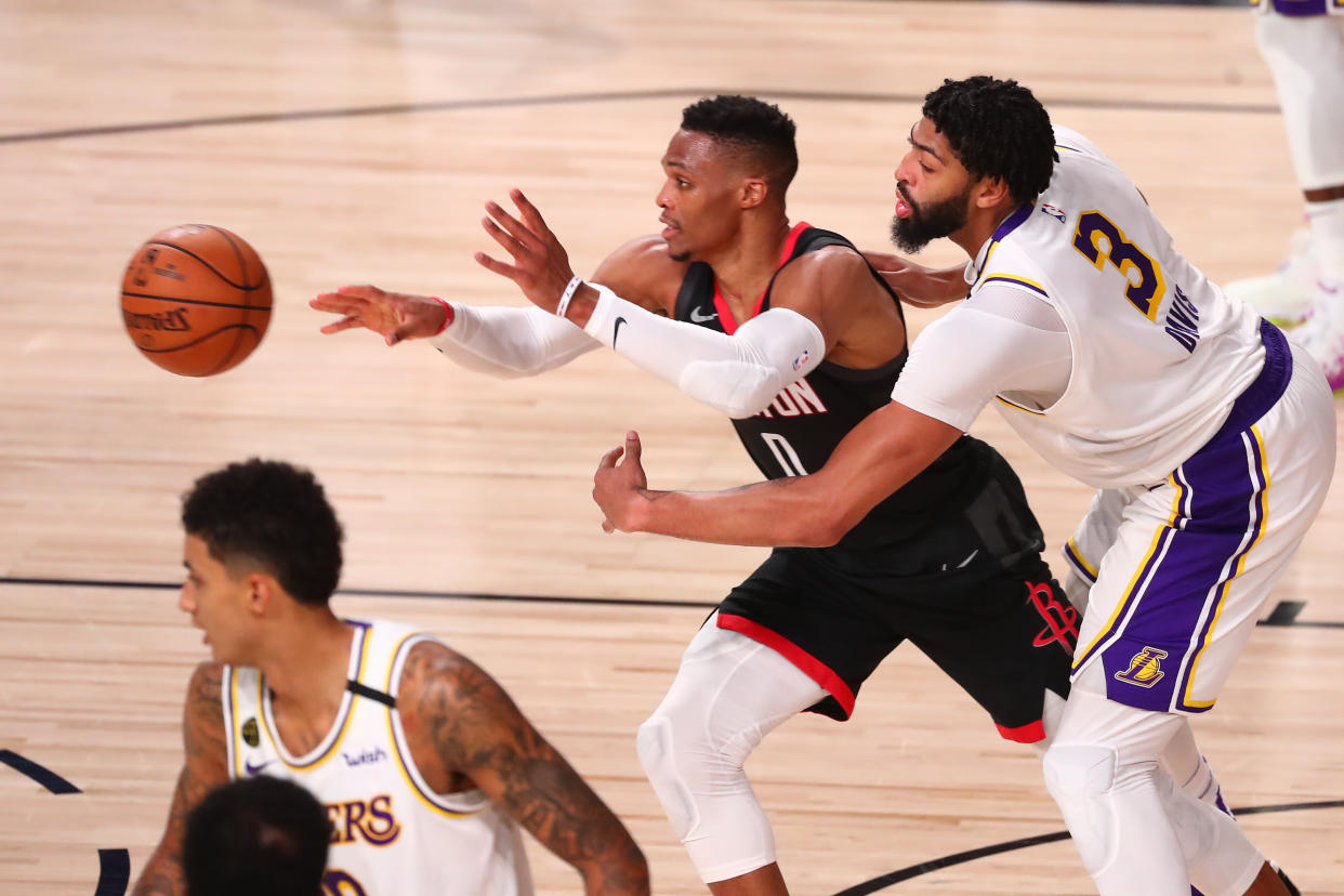 Anthony Davis and Russell Westbrook will have the share the ball, along with LeBron James, now that they are Lakers teammates. (Kim Klement/USA TODAY Sports)