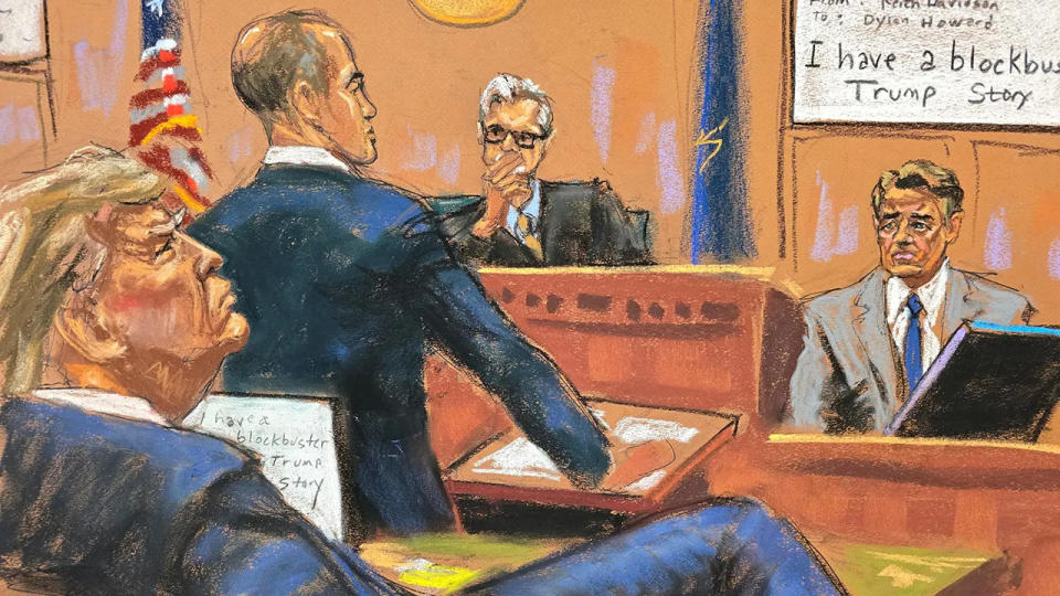 Former U.S. President Donald Trump watches as lawyer Keith Davidson is questioned during Trump's criminal trial