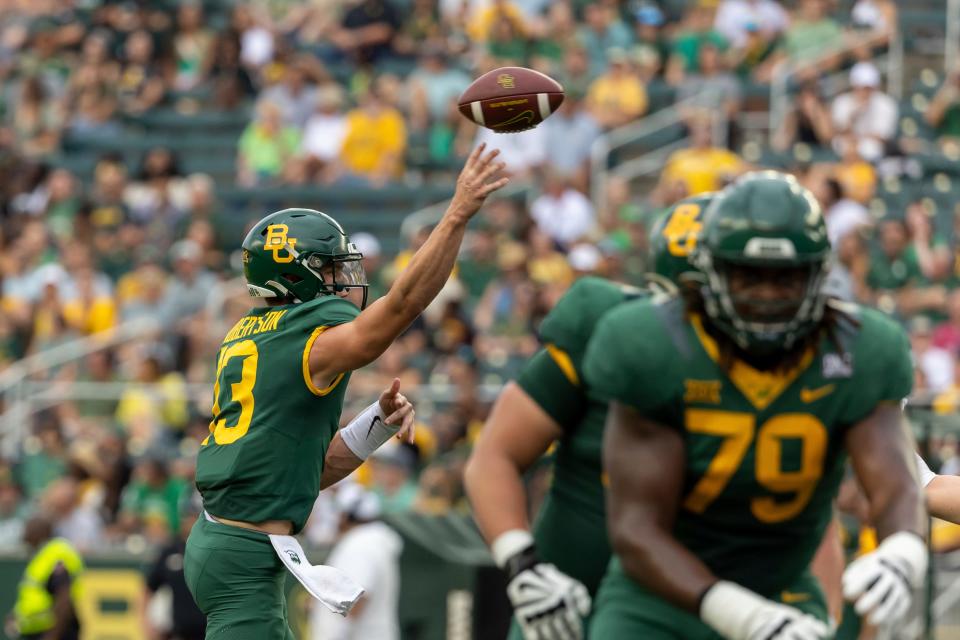 WACO, TX - SEPTEMBER 16: Baylor Bears quarterback Sawyer Robertson (13) passes the ball during the college football game between Baylor Bears and LIU Sharks on September 16, 2023, at McLane Stadium in Waco, TX. (Photo by David Buono/Icon Sportswire) (Icon Sportswire via AP Images)