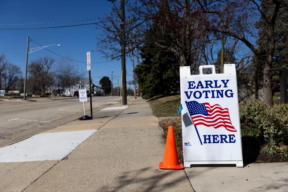Early voting sign is seen outside a polling place on March 9, 2024, at Emmanuel Episcopal Church in Rockford.