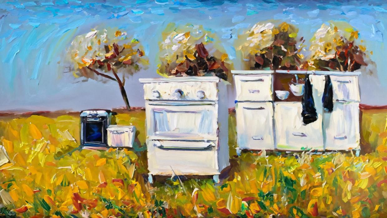 Firefly impressionist painting of kitchen cabinets and a stove and a dishwasher loose in a field 291
