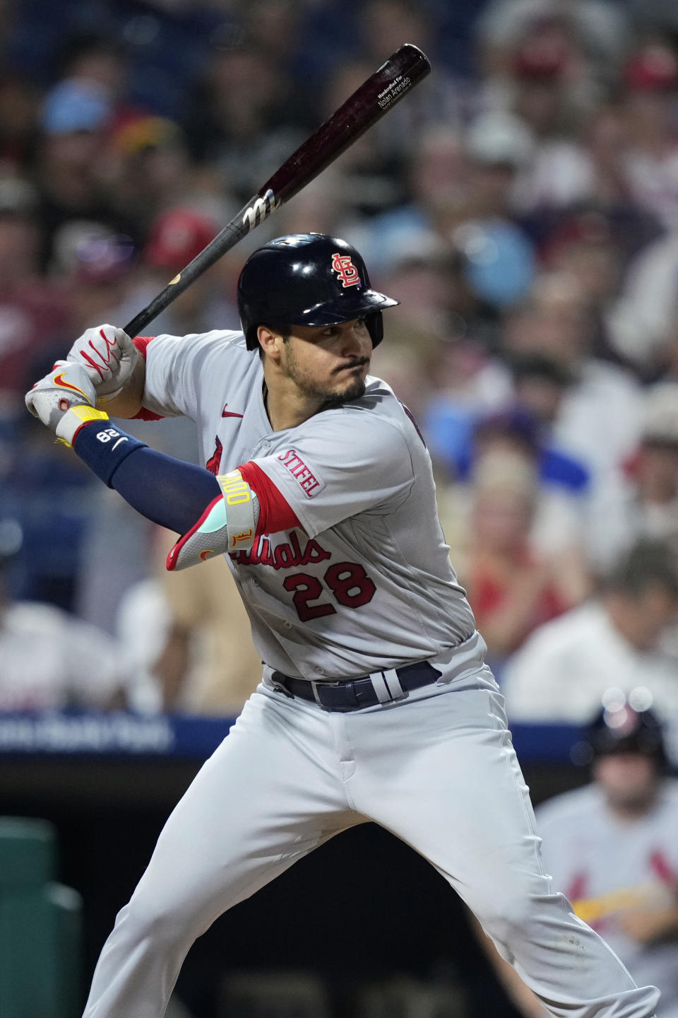 St. Louis Cardinals' Nolan Arenado bats during the sixth inning of a baseball game against the Philadelphia Phillies, Friday, Aug. 25, 2023, in Philadelphia. (AP Photo/Matt Slocum)