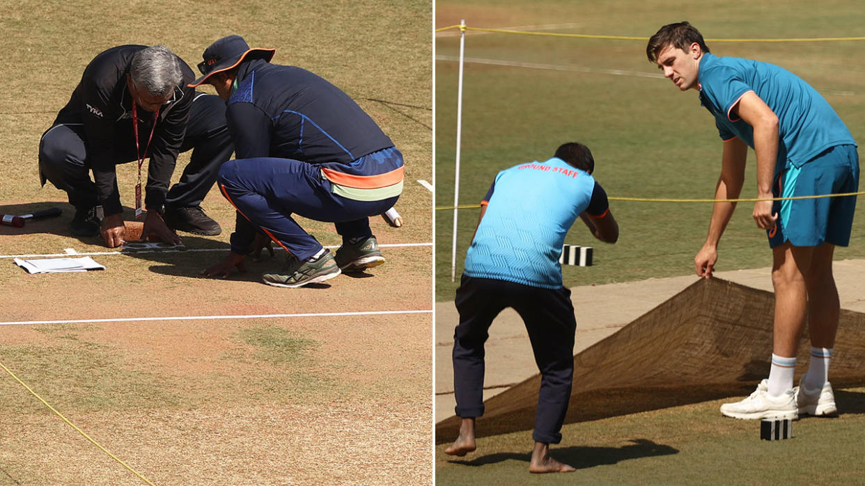 Pictured right, Australia captain Pat Cummins inspects the pitch in Nagpur before the first Test against India.