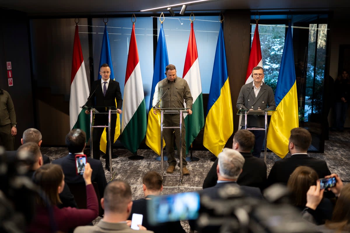 Hungary’s foreign minister Peter Szijjarto (left) speaks during a press conference with his Ukrainian counterpart Dmytro Kuleba (right) (AP)