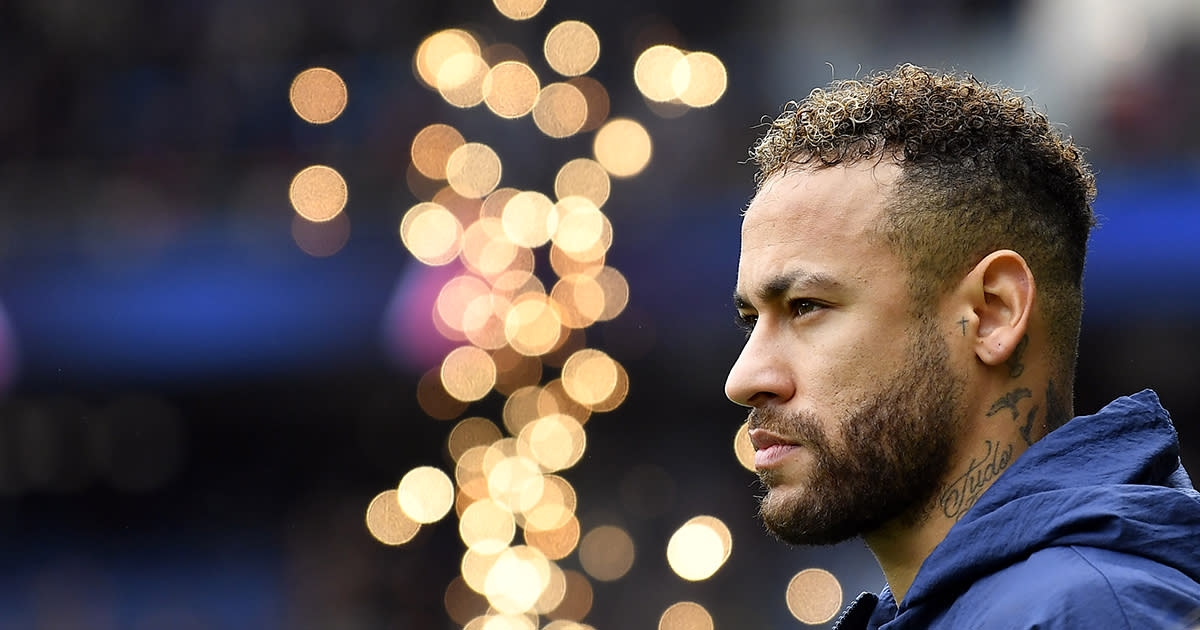  Potential Arsenal target Neymar Jr of Paris Saint-Germain arrives on the pitch before the Ligue 1 match between Paris Saint-Germain and Lille OSC at Parc des Princes on February 19, 2023 in Paris, France. 