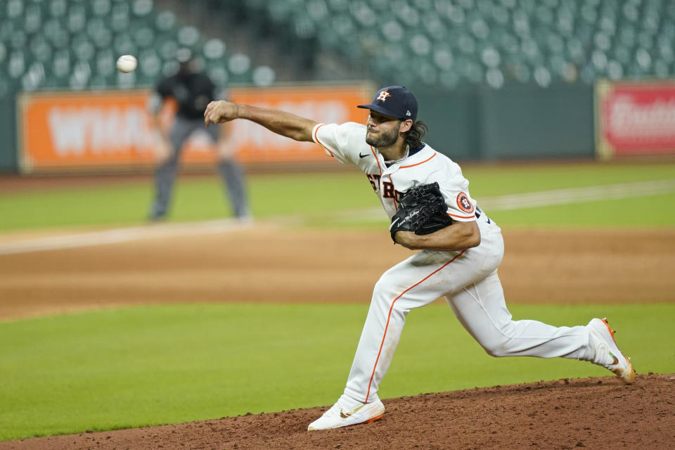 Houston Astros starting pitcher Lance McCullers Jr. throws against the San Francisco Giants during the fifth inning of a baseball game Monday, Aug. 10, 2020, in Houston. (AP Photo/David J. Phillip)