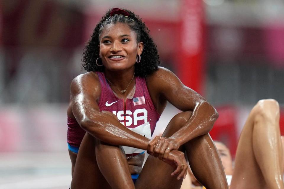 Anna Cockrell, of the United States, reacts after her semifinal of the women’s 400-meter hurdles at the 2020 Summer Olympics, Monday, Aug. 2, 2021, in Tokyo. (AP Photo/Petr David Josek)