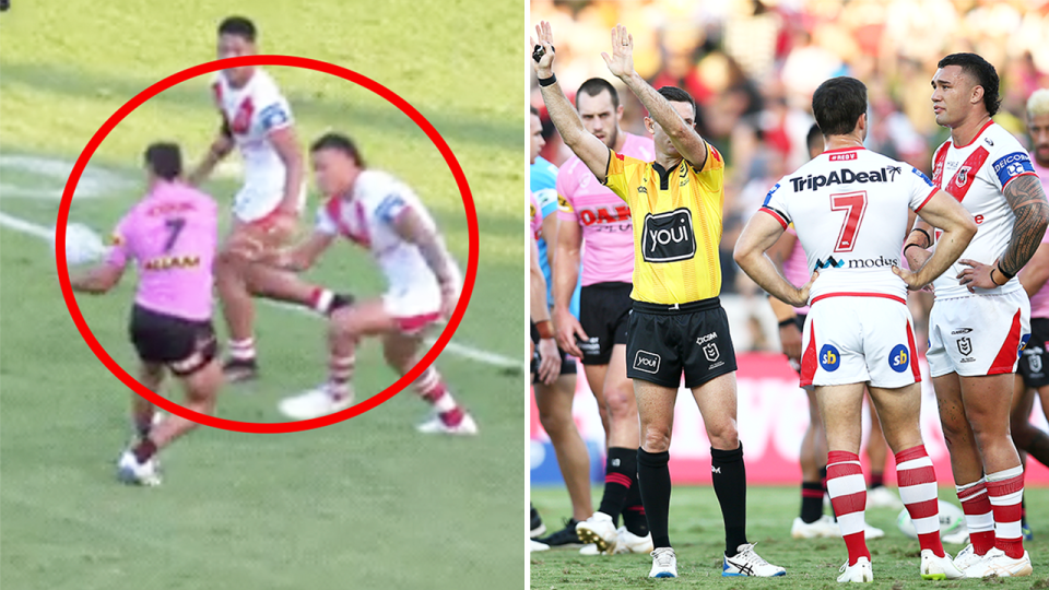 NRL forward Jayden Su'a was sent off (pictured right) for a late shot on Sean O'Sullivan (pictured left).