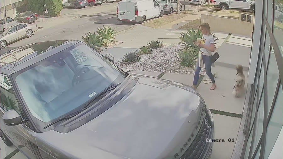 Last video seen of Heidi Planck leaving her Mid-City home to walk her dog in downtown L.A. on Oct. 17, 2021. (Planck Family)