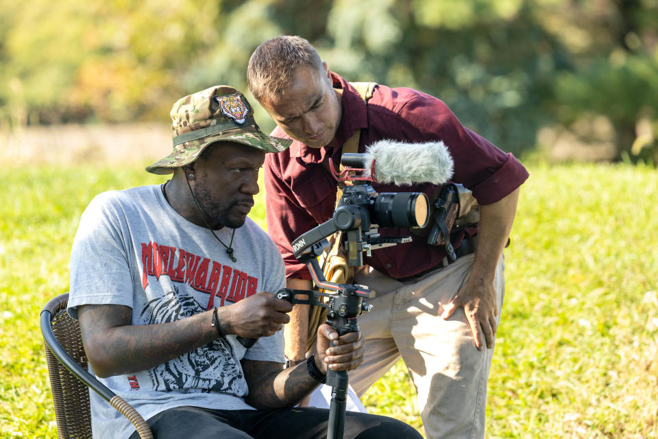 Director Matt Zaleski checks out the framing in camera by director of photography Dustin Nowlin on the set of the film “Quarter Given” filming on location in Mantua.
(Credit: Nick McLaughlin, Special to the Record-Courier)