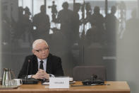 Poland's main opposition leader, Jaroslaw Kaczynski is questioned by a parliamentary commission at the parliament building, in Warsaw, Poland, Friday, March 15, 2024. Kaczynski appeared before a special parliamentary committee Friday to testify about the purchase and allegedly illegal use of advanced spyware by a government headed by his Law and Justice Party. The NSO Group's Pegasus spyware was used to spy on mobile devices belonging to opponents of the party. Recent findings suggest it was also used to eavesdrop on some key members of the right-wing party, as well. (AP Photo/Czarek Sokolowski)