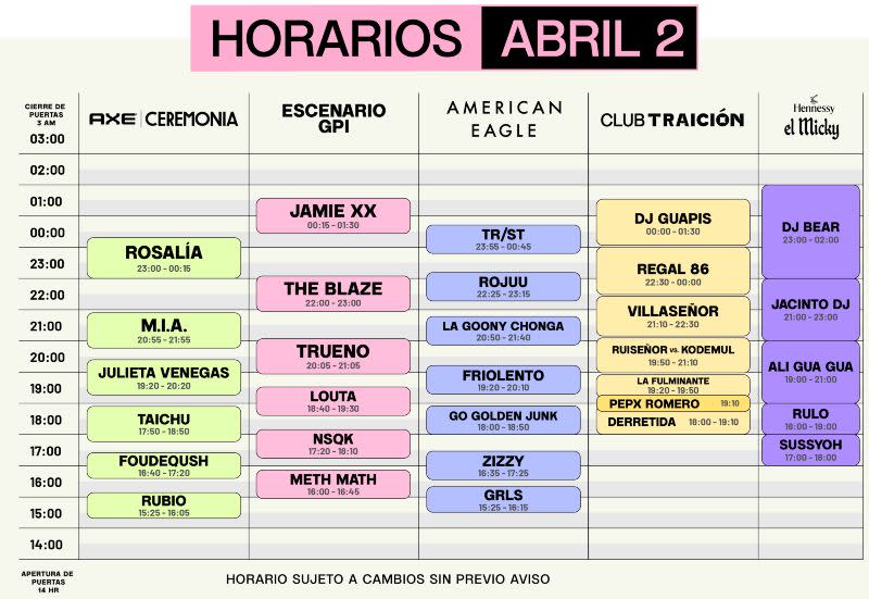 horarios del domingo 02 de abril para el AXE Ceremonia 2023