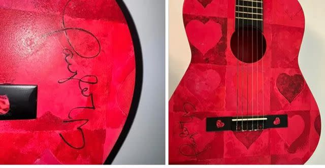 <p>GoFundMe</p> Emily Harris' guitar, signed by Taylor Swift