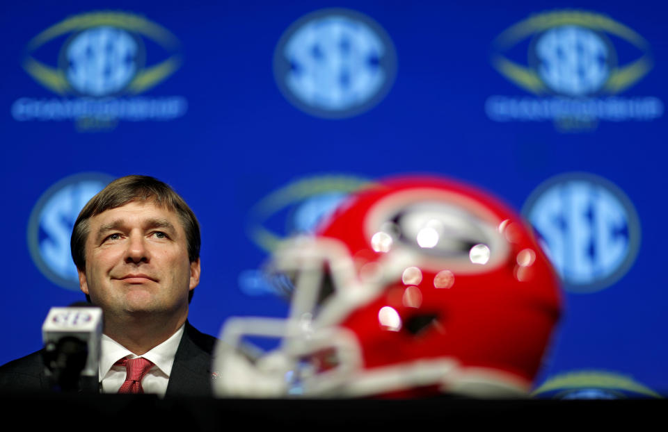 Georgia head coach Kirby Smart listens to a question during an NCAA college football news conference for the Southeastern Conference championship game against Auburn in Atlanta, Friday, Dec. 1, 2017. (AP Photo/David Goldman)