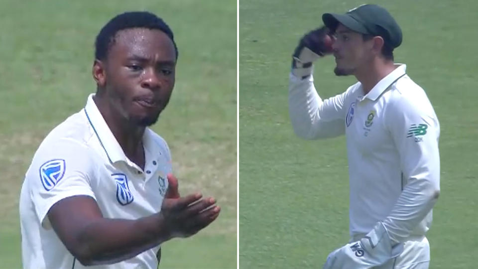 Kagiso Rabada (pictured left) and Quinton de Kock (pictured right) arguing after an overthrow.