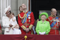 FILE - Britain's Queen Elizabeth II wears a bright green outfit as she appears with Prince Philip, right, Prince William, center, his son Prince George, front, and Kate, Duchess of Cambridge holding Princess Charlotte, left, on the balcony during the Trooping The Colour parade at Buckingham Palace, in London, on June 11, 2016. (AP Photo/Tim Ireland, File)