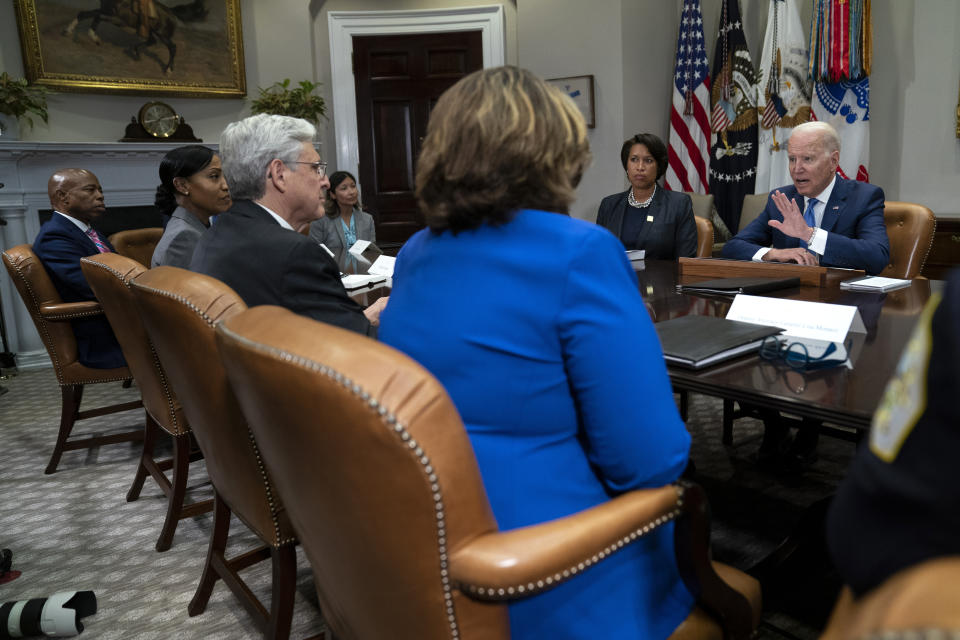 FILE - President Joe Biden speaks during a meeting on reducing gun violence, in the Roosevelt Room of the White House, July 12, 2021, in Washington. From left, Brooklyn Borough President and New York City mayoral candidate Eric Adams, Memphis Police Chief C.J. Davis, Attorney General Merrick Garland, Deputy Assistant to the President and Director of the Office of Intergovernmental Affairs Julie Rodriguez, Deputy Attorney General Lisa Monaco, Washington Mayor Muriel Bowser, and Biden. (AP Photo/Evan Vucci, File)