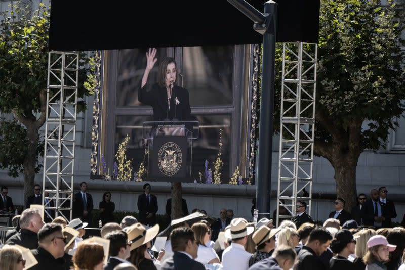 House Speaker Emerita Nancy Pelosi is seen on a lage screen as she speaks at the funeral of Sen. Diane Feinstein on the steps of City Hall In San Francisco on Thursday, October 5, 2023. Authorities closed the Civic Center to the public as services were held for the Senator and former mayor of the city. Photo by Terry Schmitt/UPI