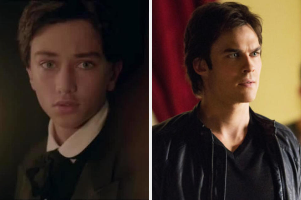 Gavin as young damon with dark brown hair side by side Ian in as scene as damon