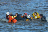 PITTENWEEM, SCOTLAND - SEPTEMBER 02: Emergency services attempt to rescue a large number of pilot whales who have beached on September 2, 2012 in Pittenweem near St Andrews, Scotland. A number of whales have died after being stranded on the east coast of Scotland between Anstruther and Pittenweem. (Photo by Jeff J Mitchell/Getty Images)