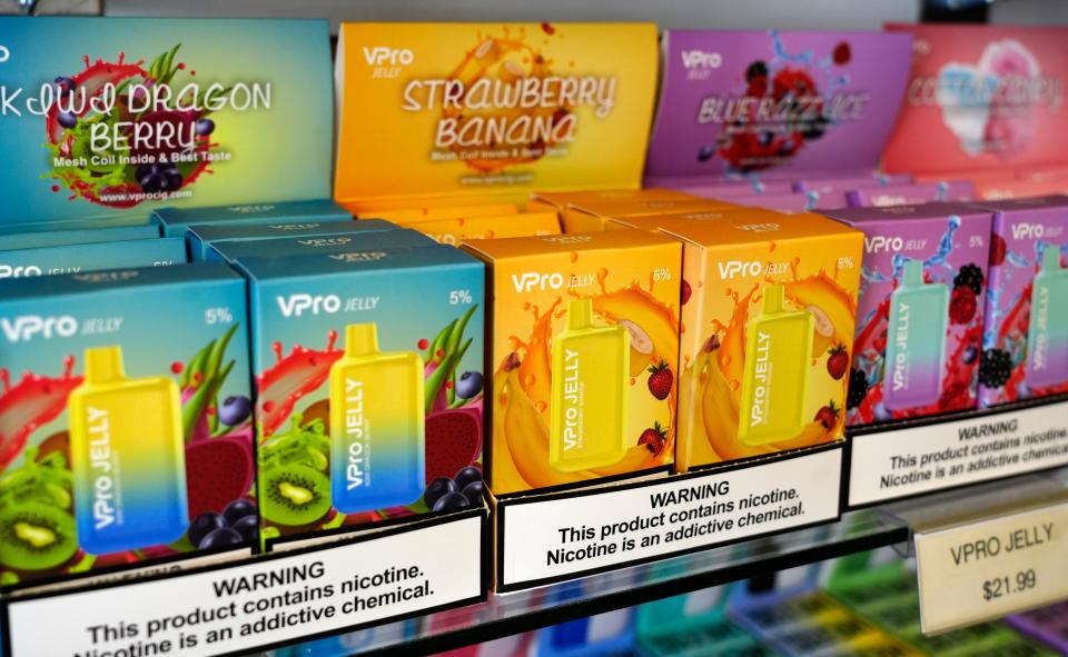 VPro Jelly disposable vaping devices are sold to adult customers, 21 and older, at Cincy Vapors in Fairfield.