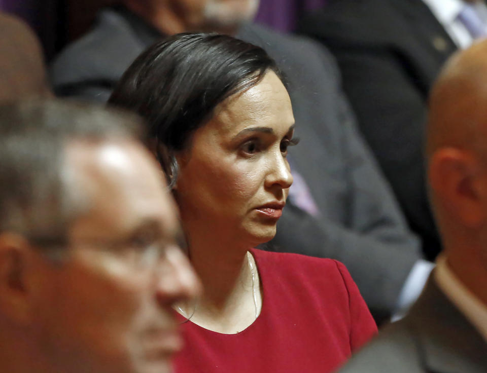 FILE - In this Nov. 6, 2019 file photo, California Republican Party chairwoman Jessica Millan Patterson listens as lawyers present their arguments for and against a recently approved state law requiring presidential candidates to disclose their tax returns in order to be on the state's primary ballot, before the California Supreme Court in Sacramento, Calif. California's Supreme Court rejected a state law that would have required President Donald Trump to disclose his tax returns to appear as a candidate in the state's primary election next spring. The justices on Thursday, Nov. 21, 2019 said the law that would have required tax returns for all presidential and gubernatorial candidates to appear on the primary ballot was unconstitutional. (AP Photo/Rich Pedroncelli, Pool)