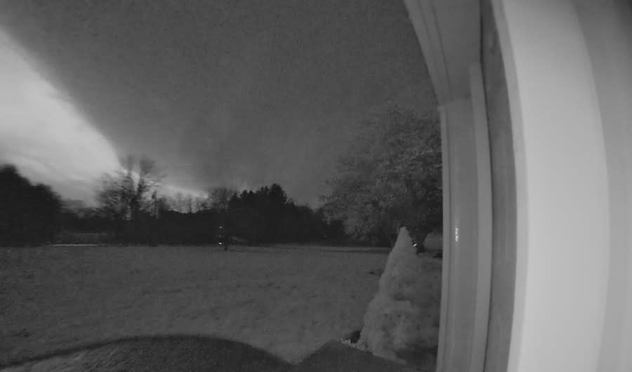 A doorbell camera captures a possible funnel cloud forming in Delaware County, March 14, 2024. (Courtesy/Jason Cox)