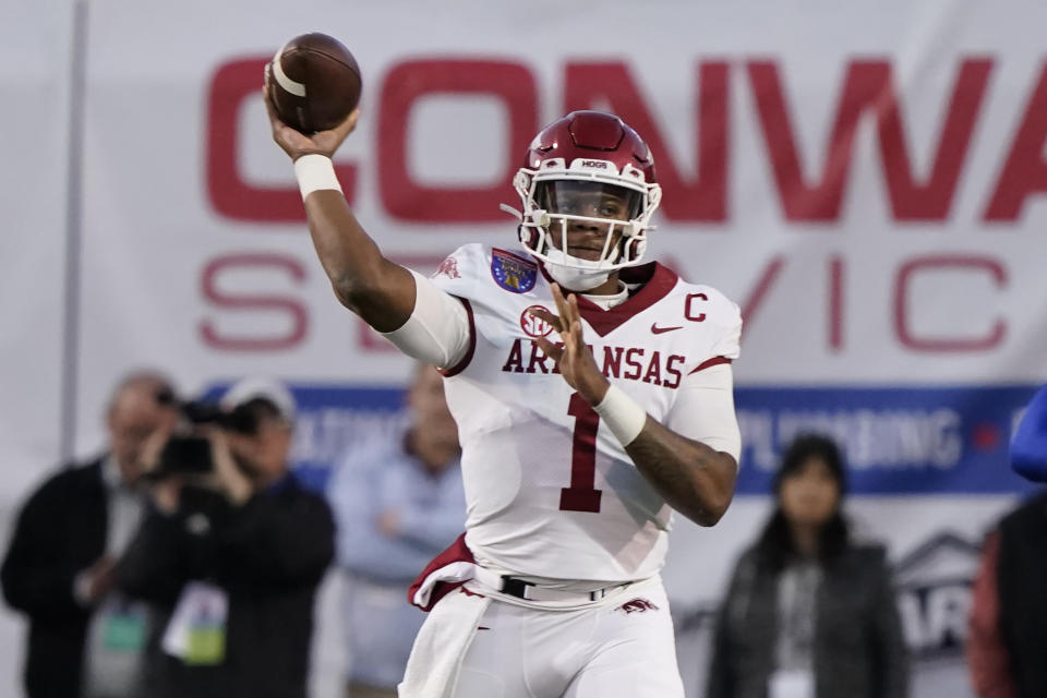 FILE - Arkansas quarterback KJ Jefferson throw a pass against Kansas during the first half of the Liberty Bowl NCAA college football game Wednesday, Dec. 28, 2022, in Memphis, Tenn. Arkansas opens their season at home against Western Carolina on Sept. 2. (AP Photo/Rogelio V. Solis, File)