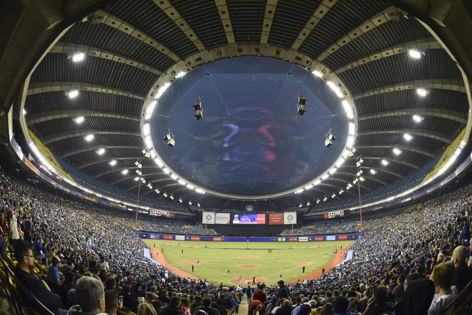 MONTREAL, QC - MARCH 26:  General view of the game between the Toronto Blue Jays and the Milwaukee Brewers during MLB spring training at Olympic Stadium on March 26, 2019 in Montreal, Quebec, Canada.  (Photo by Minas Panagiotakis/Getty Images)