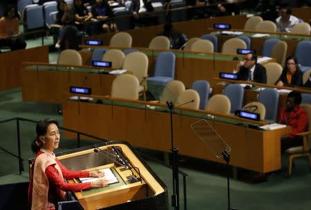 Myanmar's Minister of Foreign Affairs Aung San Suu Kyi addresses the 71st United Nations General Assembly in Manhattan, New York, U.S. September 21, 2016. REUTERS/Carlo Allegri