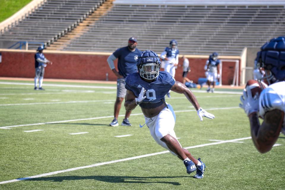 Georgia Southern linebacker Khadry Jackson (9) closes on a ball carrier during practice on Aug. 16, 2022 at Paulson Stadium in Statesboro.