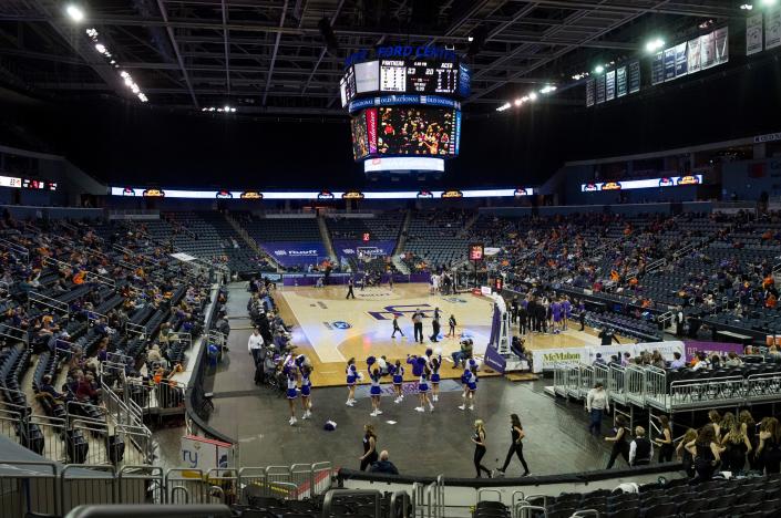 University of Evansville fans cheer for the Purple Aces as they take on the University of Northern Iowa Panthers at Ford Center in Evansville, Ind., Wednesday evening, Jan. 26, 2022. 