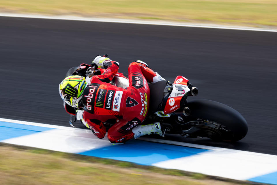 Alvaro Bautista cornering fast enough to experience time dilation, relatively speaking, on a Ducati Panigale V4R. (Credit: Ivica Glavas/Speed Media/Icon Sportswire via Getty Images)