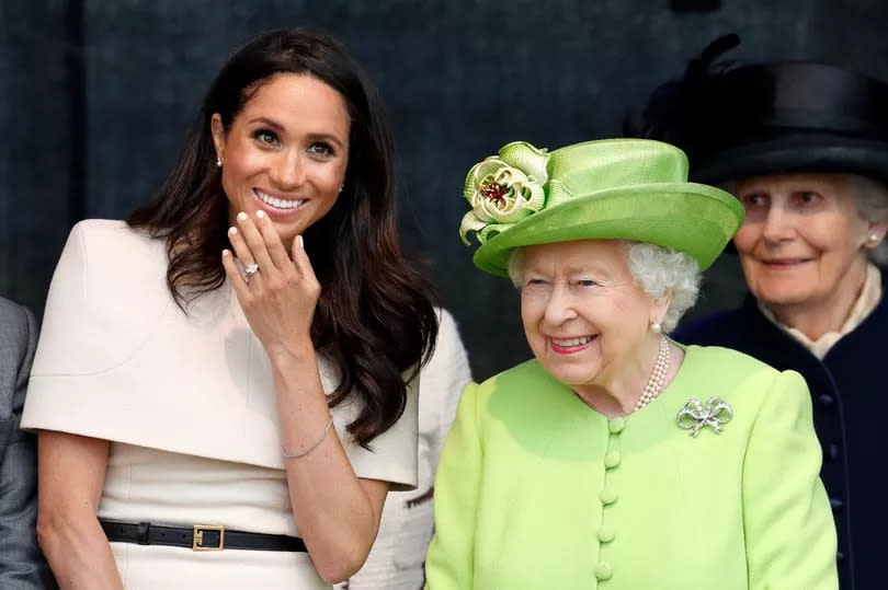 Meghan, Duchess of Sussex and Queen Elizabeth II attend a ceremony to open the new Mersey Gateway Bridge on June 14, 2018 in Widnes, England