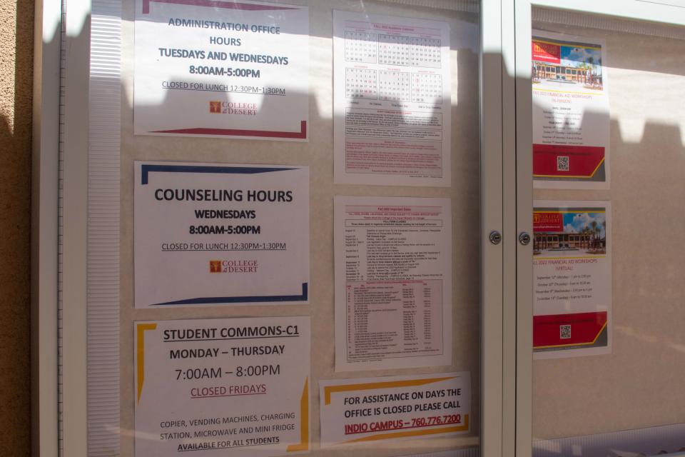 A schedule of the limited student services offered at the College of the Desert campus in Thermal, seen Thursday.