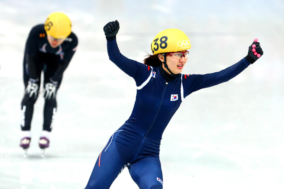 SOCHI, RUSSIA - FEBRUARY 21:  Seung-Hi Park of South Korea celebrates winning the gold medal in the Short Track Women's 1000m Final A on day fourteen of the 2014 Sochi Winter Olympics at Iceberg Skating Palace on February 21, 2014 in Sochi, Russia.  (Photo by Paul Gilham/Getty Images)